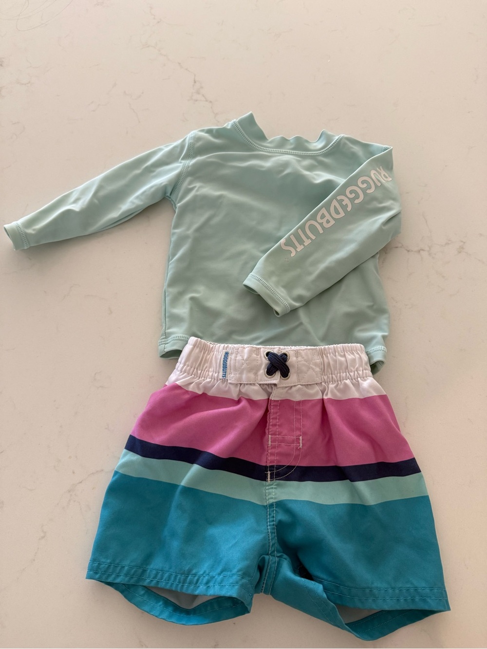 Kids Long-Sleeve Mint Rash Guard with Colorblock Swim Trunks